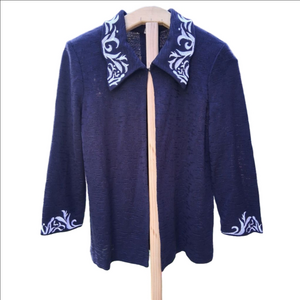 Women's Misook Navy & White Embroidered Cardigan Sweater XS EUC